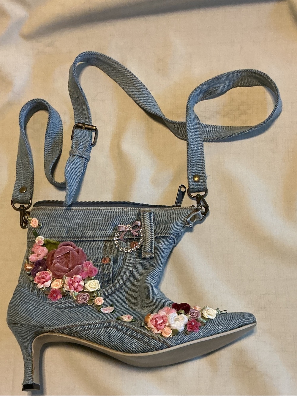 Floral Denim Mini Boot Bag Crossbody - Pink Embroidered What a unique find! 11x9